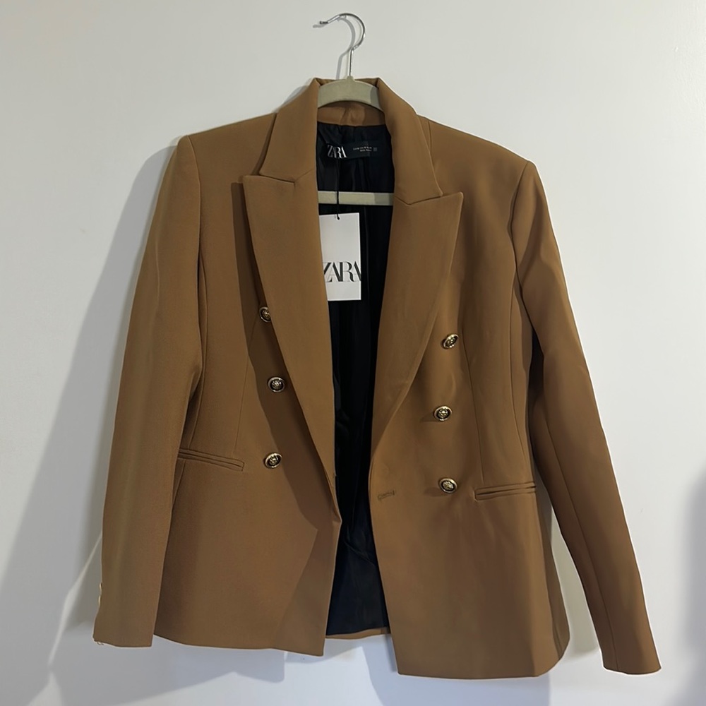 NWT Zara Double Breasted Tan Blazer with Lion Button Details